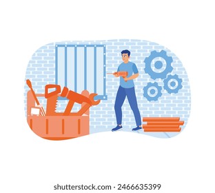 Home renovation. The carpenter installs bolts in the windows of the customers house. Home maintenance concept. Flat vector illustration.