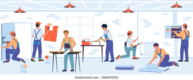 Home renovation. Cartoon builders make repairs. Professional brigade laying floor tiles and painting wall in apartments. Man sawing board. Vector handymen work with construction tools