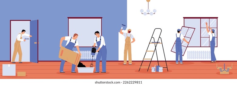 Home renovation composition with indoor scenery and characters of handymen crew with tools ladders and window vector illustration