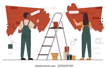 El concepto de renovación de viviendas. Hombre y mujer con uniforme y rodillos con pinturas. Edificios pintando paredes. Reparación en el edificio. Dibujo vectorial plano de dibujos animados aislado en fondo blanco