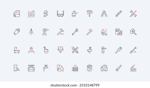 Home renovation, construction and design improvement line icon set. Materials and equipment of maintenance and repair worker, diy tool of toolbox thin black and red outline symbols vector illustration