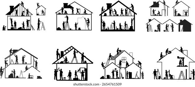 Home Renovation and Construction Vector Set, Worker Silhouettes Building a House