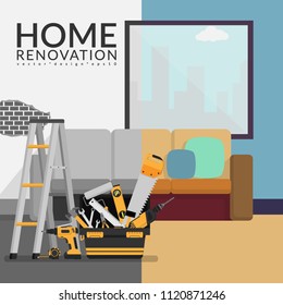 home renovation contractor concept. vector illustration of room before renovation and after renovation