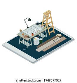 Home Renovation And DIY App: Architect Desk With House Project And Isometric Work Equipment On A Smartphone Display, 3D Illustration