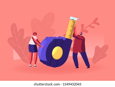 Home Renovation Diy Tool and Repair Service Concept. Man and Woman Holding Huge Measuring Tape for Engineering Construction Works. Architect Building Company Employees. Flat Vector Illustration