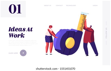 Home Renovation Diy Tool and Repair Service Website Landing Page. Tiny Man and Woman Holding Huge Measuring Tape for Engineering Construction Works Web Page Banner. Cartoon Flat Vector Illustration