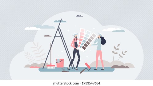 Home renovation as DIY with wall painting color choice tiny person concept. Interior improvement with indoor maintenance or repair as apartment style change vector illustration. Couple in new house.