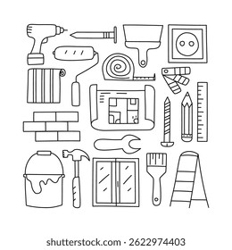 Home renovation, doodle icon set. Isolated on white background