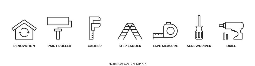 Home Renovation Essentials Icons set vector illustration outline with Renovation, Paint roller, Caliper, Step ladder, Tape measure, Screwdriver, Drill