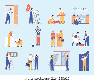 Home renovation flat icons set with handyman professionals doing repair works isolated vector illustration