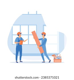 Home renovation flat set with contractor workers doing indoor maintenance vector illustration. flat vector modern illustration 