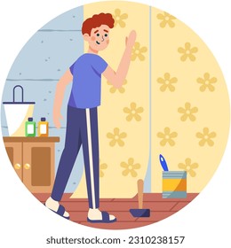 Home renovation flat vector man glues wallpaper
