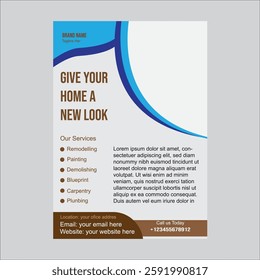 Home renovation flyer template, fully editable and print-ready. Perfect for remodeling, painting, and carpentry services. Modern design with customizable text and colors.