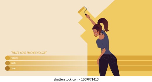 Home renovation. Girl paints the wall with a paint roller. Vector mockup for a layout landing page or design advertising banner.