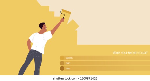 Home renovation. Guy painting the wall. Vector mockup for a layout landing page or design advertising banner.