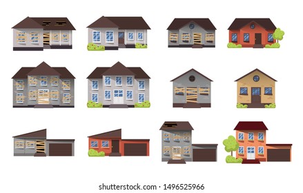 Home renovation. House before and after repair. New and old suburban cottage. Remodel building. Vector illustration 