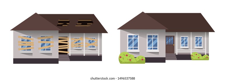 Home renovation. House before and after repair. New and old suburban cottage. Remodel building. Vector illustration 