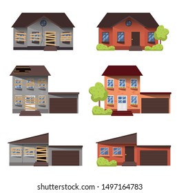 Home renovation. House before and after repair. New and old suburban cottage. Remodel building. Vector illustration 