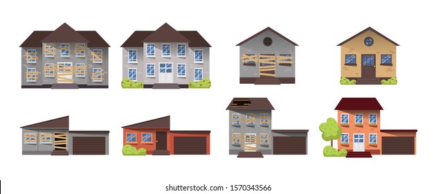 Home renovation. House before and after repair. New and old suburban cottage. Remodel building. Vector illustration 