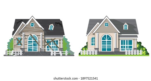 Home Renovation. House Before And After Repair Isolated On White. New And Old Suburban Cottage. Renovation Home And Repair, Remodel Building Vector Illustration.