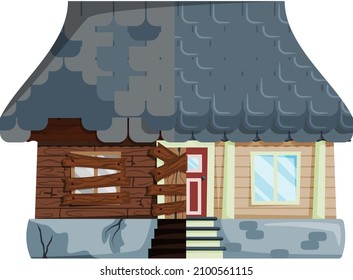 Home renovation, house before and after repair. New and old suburban cottage. Remodel construction. Old run-down house remodeled into cute traditional suburban cottage. Building maintenance service