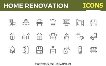 Home renovation icon set. Related to decoration, repair, architecture and interior design. Editable stroke and pixel perfect.