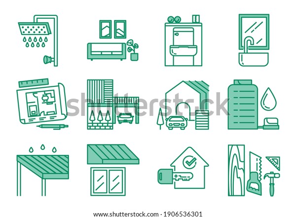home renovation icon set\
with town home,water tank,awning,tools ,decoration and security\
icon