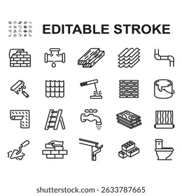 Home renovation icons collection. Thin line style vectors. Contains icons such as wallpapering, repainting, plumbing repair and more.