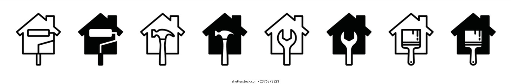 Home renovation icons. Home improvement icon. House with paintbrush, wrench, hammer symbol in line and flat style on white background for apps and websites. Vector illustration