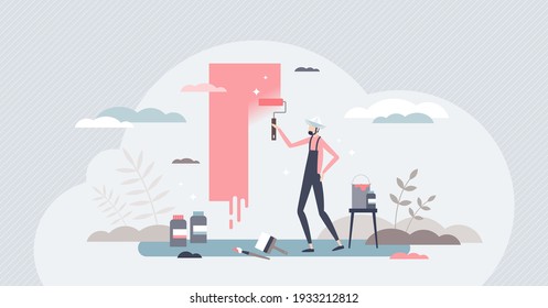 Home renovation and interior DIY wall color painting project tiny person concept. Professional repairman indoors maintenance fix and design improvement from builder or handyman vector illustration.