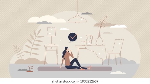 Home renovation as interior style and design planning tiny person concept. Female as DIY project designer in empty room and imagination indoors furniture, lighting and decorations vector illustration.