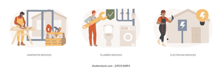 Conjunto de ilustraciones vectoriales de concepto aislado de renovación doméstica. Servicios de carpintería, fontanería y electricista, mantenimiento de edificios, reparación de alcantarillado y drenaje, automatización del hogar, concepto de vectores de madera.