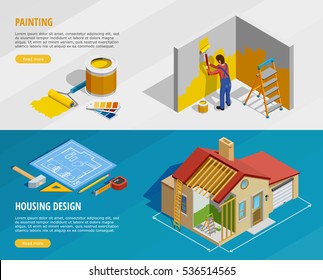 Home Renovation Isometric Horizontal Banners With Painter Tools And House Construction With Its Design Isolated Vector Illustration 