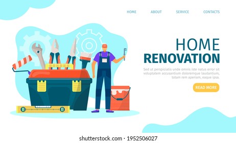 Home renovation, landing banner, vector illustration. Flat professional house repair, man worker character near flat big toolbox web page.