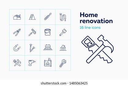 Icon-Set für die Home-Renovierung. Werkzeugkasten, Malwalze, Haus. Baukonzept. Kann für Themen wie Dekoration, Haushaltsführung, Reparatur verwendet werden