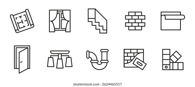 Conjunto de ícones da linha de renovação da casa. Reparo interior e construção esboço ilustração vetor. Ferramentas, materiais e elementos de design para remodelação, planejamento arquitetônico e projetos de melhoria da casa.