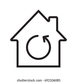 Home renovation linear icon. Thin line illustration. House with reload sign inside. Contour symbol. Vector isolated outline drawing