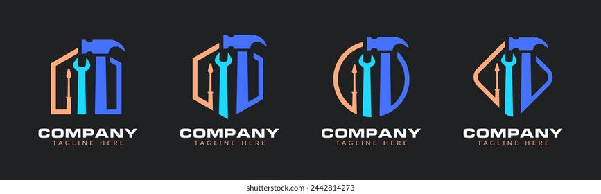 Home renovation logo or construction logo with tools and hardware icon template set