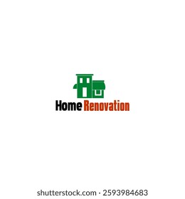 The "Home Renovation" logo features a simple green house icon and bold text, clearly representing a company focused on home improvement and construction.