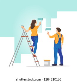 Home renovation. Man and woman painting the wall in new apartment. Vector illustration.