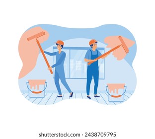 Home renovation with paint painter job contractor worker doing indoor maintenance. flat vector modern illustration 