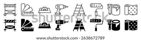 Home renovation and painting tools icon set. Linear and silhouette style.