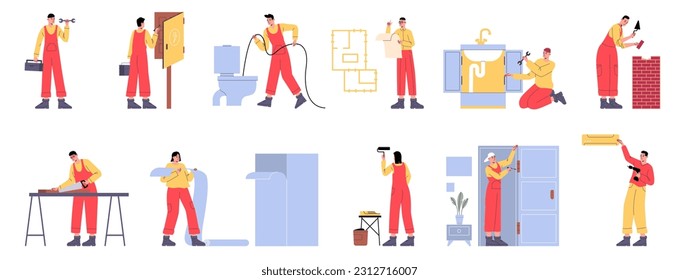 Home renovation people. Professional workers in uniform overalls. House repair process. Conditioner installing and wallpapering. Master lays brick. Vector builders