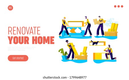 Home renovation, relocation, furniture delivery and assembly service company landing page template with repairmen and handymen unpacking and installing furniture. Cartoon vector illustration