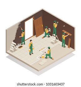 Home Renovation Remodeling Repair Isometric Composition With Workers Tiling Floor Replacing Door And Painting Walls Vector Illustration 