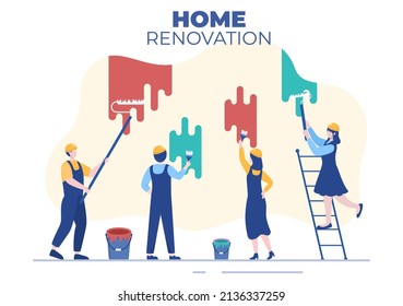 Home Renovation or Repair with Construction Tools, Laying Floor Tiles and Painting Wall to Good Decoration Condition in Flat Background Illustration