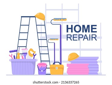 Home Renovation or Repair with Construction Tools, Laying Floor Tiles and Painting Wall to Good Decoration Condition in Flat Background Illustration