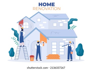 Home Renovation or Repair with Construction Tools, Laying Floor Tiles and Painting Wall to Good Decoration Condition in Flat Background Illustration