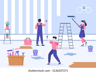 Renovación o reparación del hogar con herramientas de construcción, baldosas de suelo radiante y pared de pintura a buen estado de decoración en iluminación de fondo plana