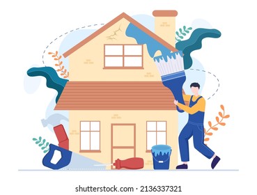 Home Renovation or Repair with Construction Tools, Laying Floor Tiles and Painting Wall to Good Decoration Condition in Flat Background Illustration